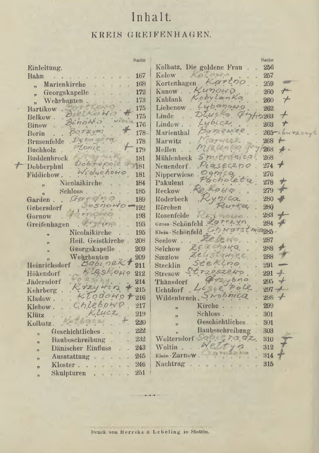 Spis miejscowości w inwentarzu z 1902 r. Przy niemieckich nazwach ktoś dopisał odręcznie polskie: Garden to Gardno, Woltin to Wełtyń, Stecklin to Steklno. Nie wiemy, kto i kiedy.